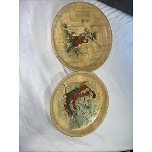 Set Of 2 Vintage Decorative Hand Woven Painted Asian Bamboo Tray  13"